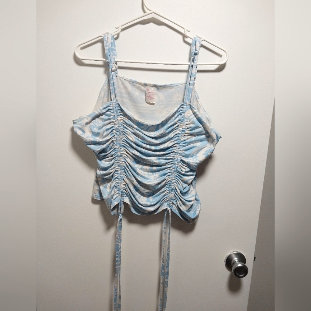 Blue & White Scrunch Drawstring Tie Tank Top